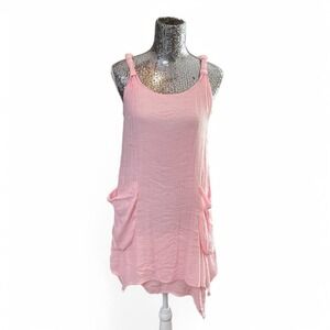 Boho Silk Asymmetrical Cotton Pink Tank Dress Pockets Sleeveless Scoop Neck S/M